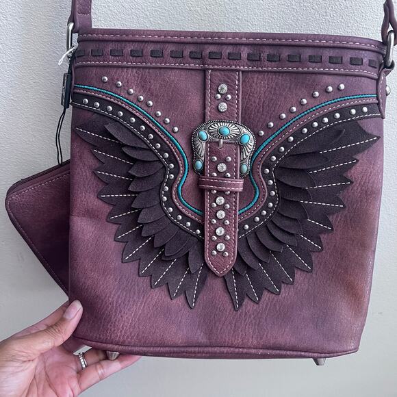 American Bling Wing Buckle Western Boho Crossbody and Wallet Set-Brown NWT - Picture 2 of 7